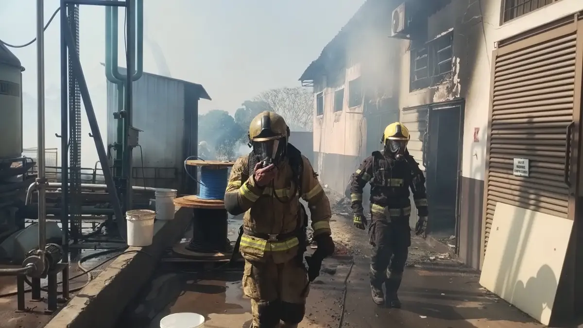 Bombeiros combatem incêndio urbano em depósito de líquido inflamável em Goiânia