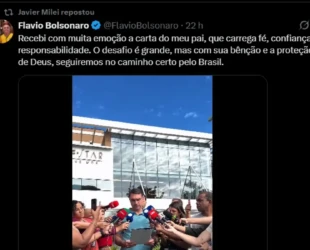 Milei reposta carta de Bolsonaro publicada por Flávio