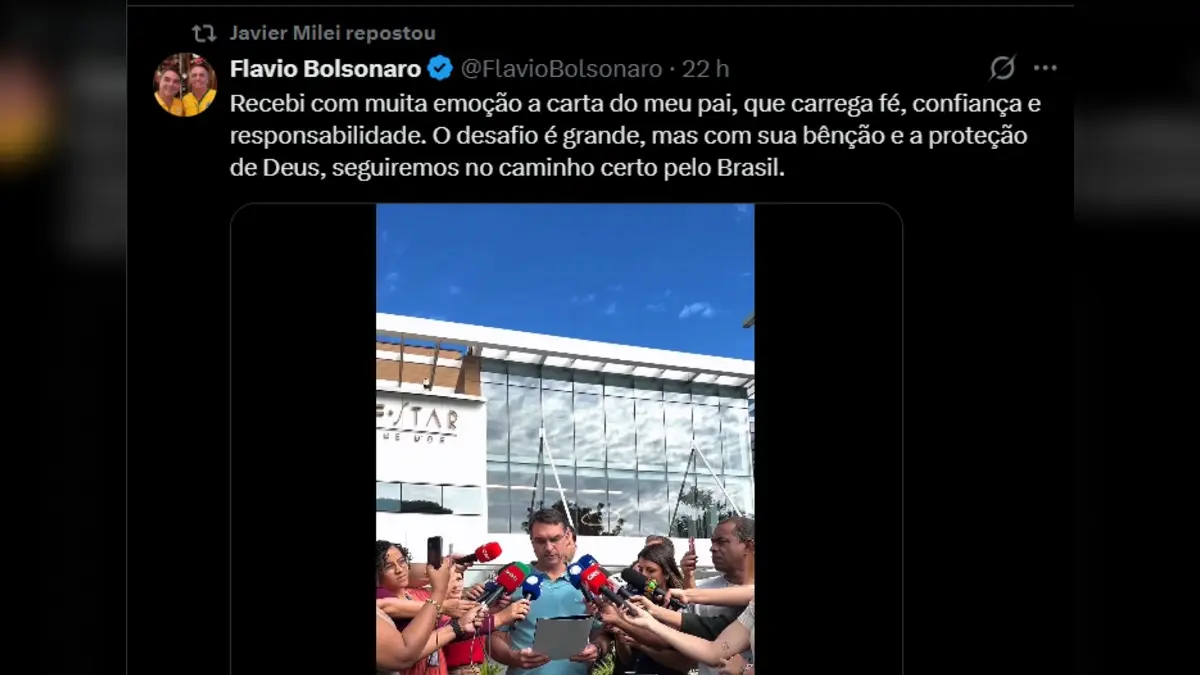 Milei reposta carta de Bolsonaro publicada por Flávio